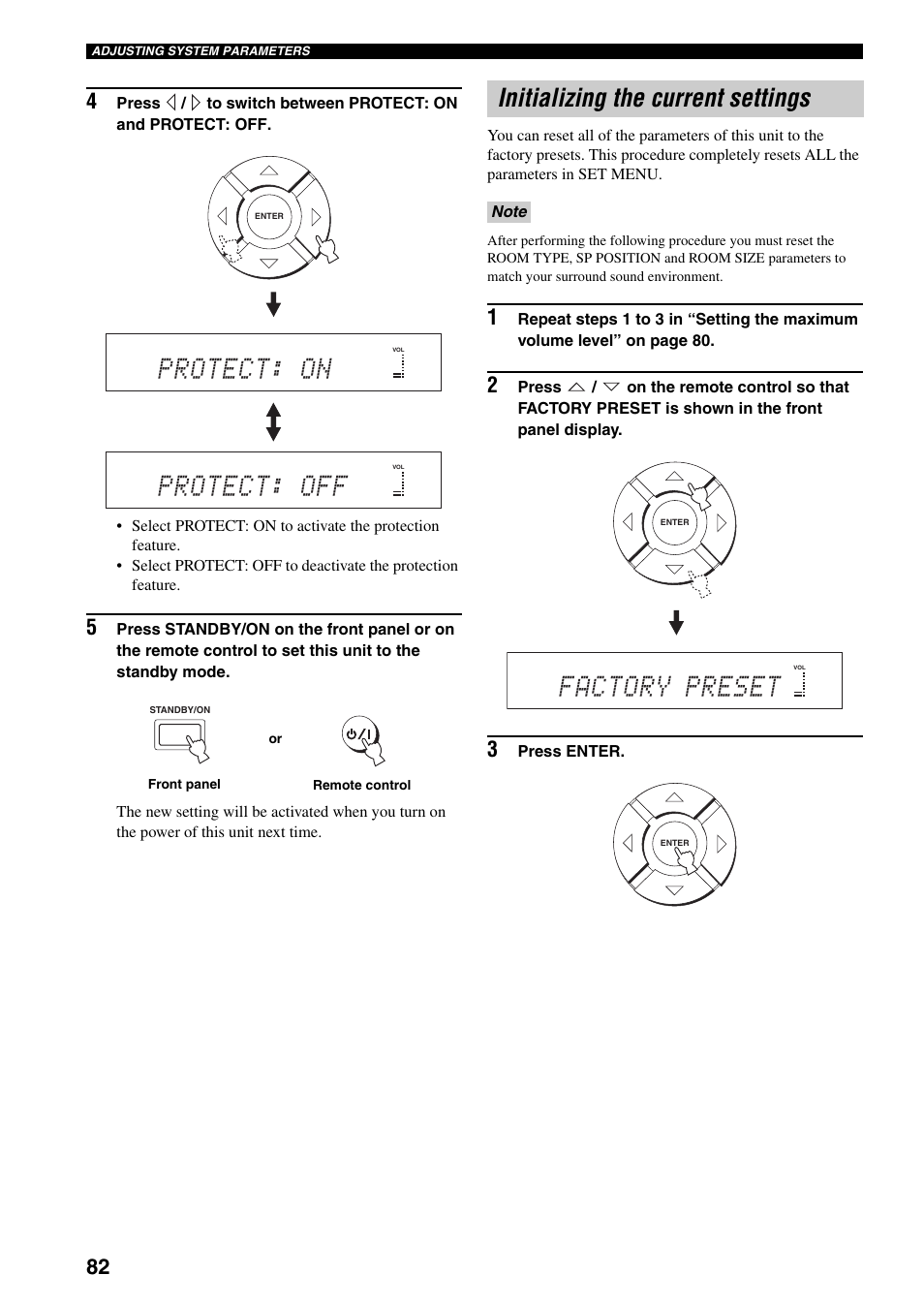 Initializing the current settings, Protect: on, Protect: off | Factory preset | Yamaha YSP-1000 User Manual | Page 86 / 106