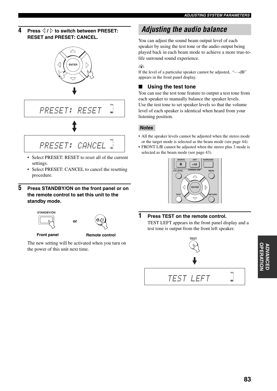 Adjusting the audio balance, Preset: reset, Preset: cancel | Test left, Using the test tone | Yamaha YSP-1000 User Manual | Page 87 / 106