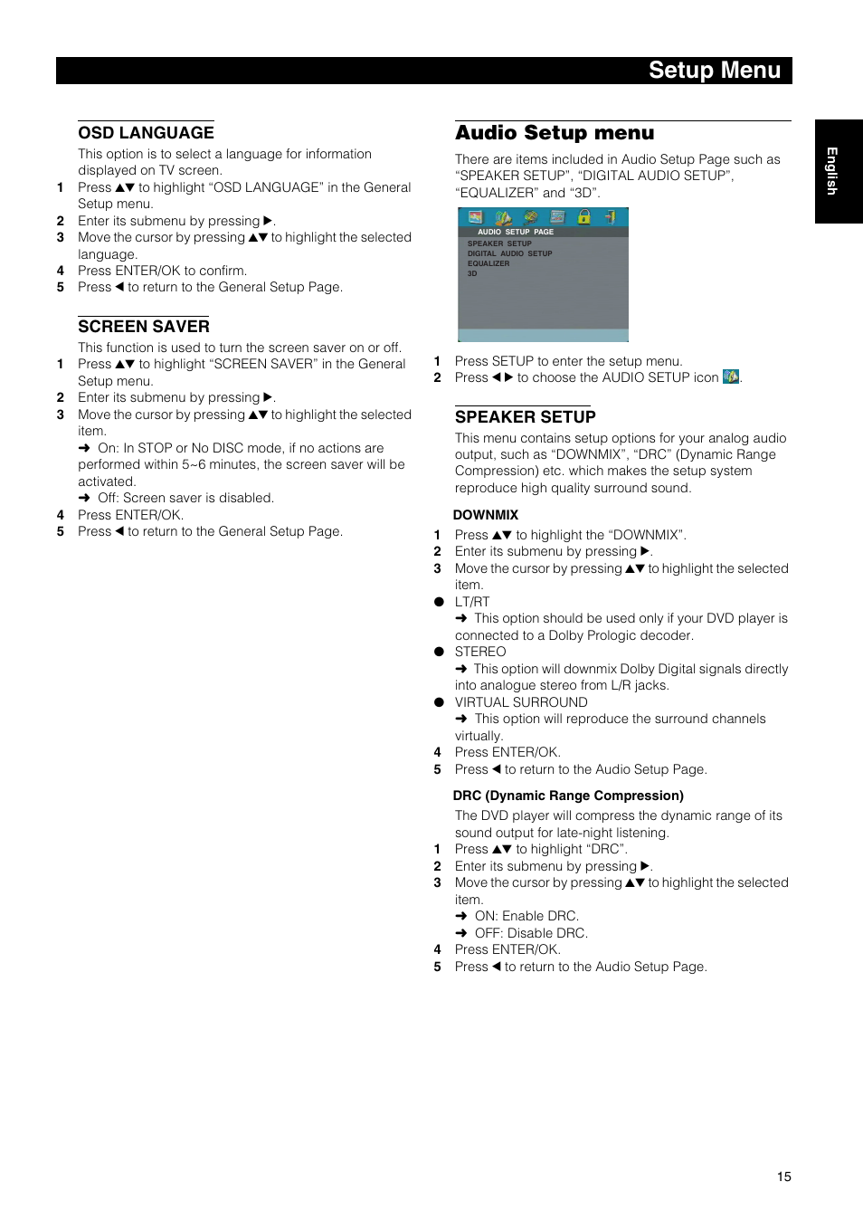 Setup menu, Audio setup menu, Osd language | Screen saver, Speaker setup | Yamaha DVD-E600 User Manual | Page 17 / 27