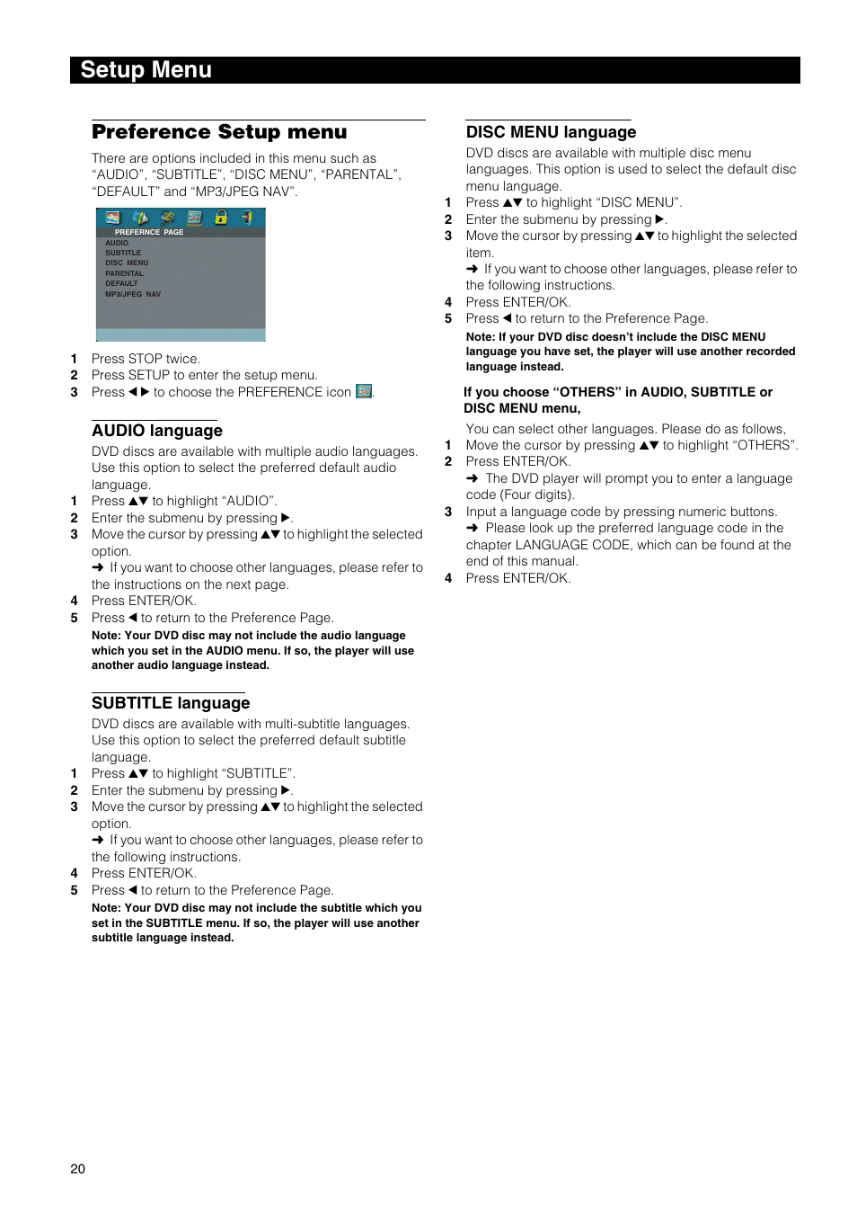 Setup menu, Preference setup menu, Audio language | Subtitle language, Disc menu language | Yamaha DVD-E600 User Manual | Page 22 / 27
