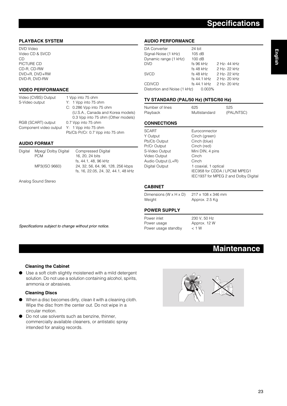Maintenance specifications | Yamaha DVD-E600 User Manual | Page 25 / 27