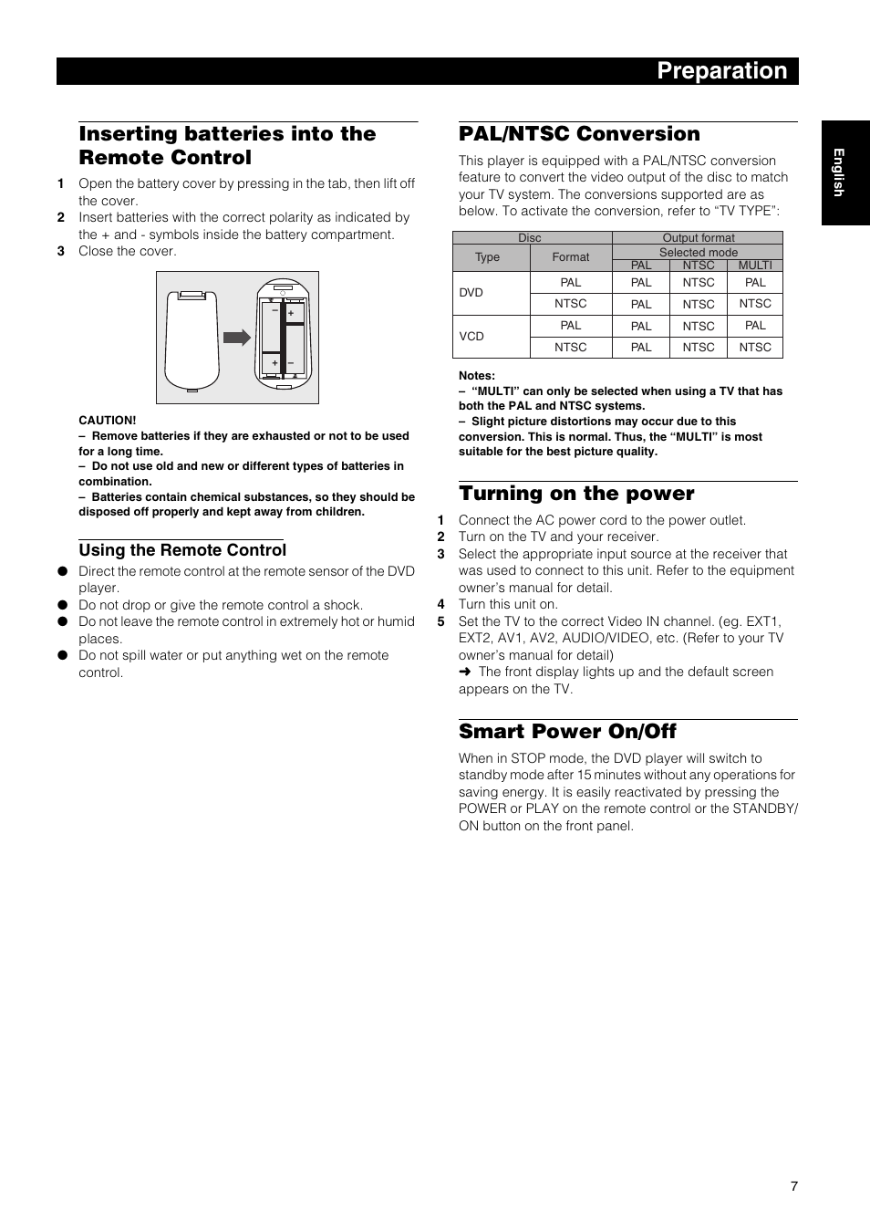 Preparation, Inserting batteries into the remote control, Pal/ntsc conversion | Turning on the power, Smart power on/off, Using the remote control | Yamaha DVD-E600 User Manual | Page 9 / 27