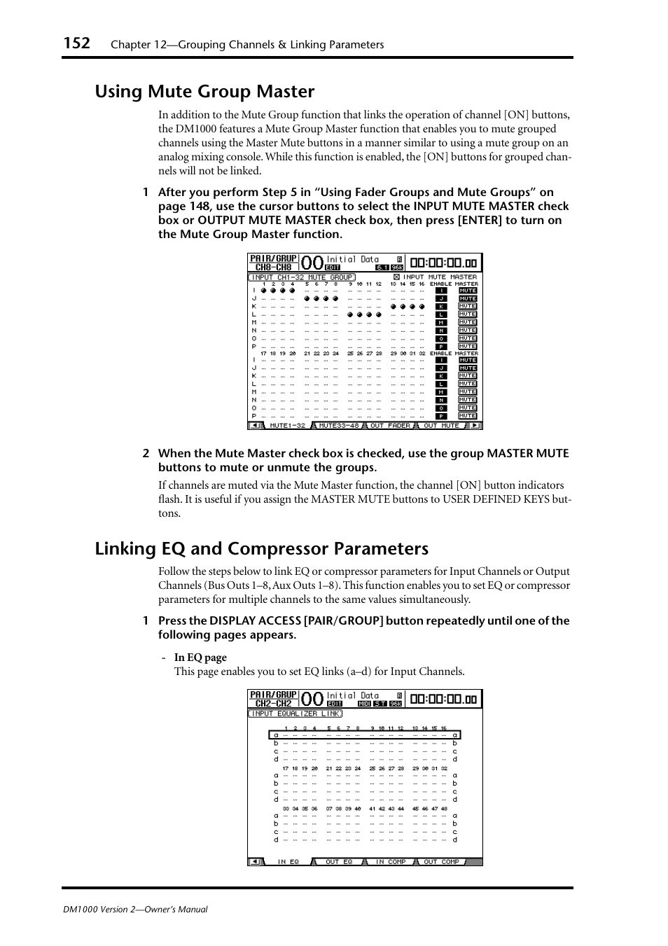 Using mute group master, Linking eq and compressor parameters | Yamaha 006IPTO-F0 User Manual | Page 152 / 388