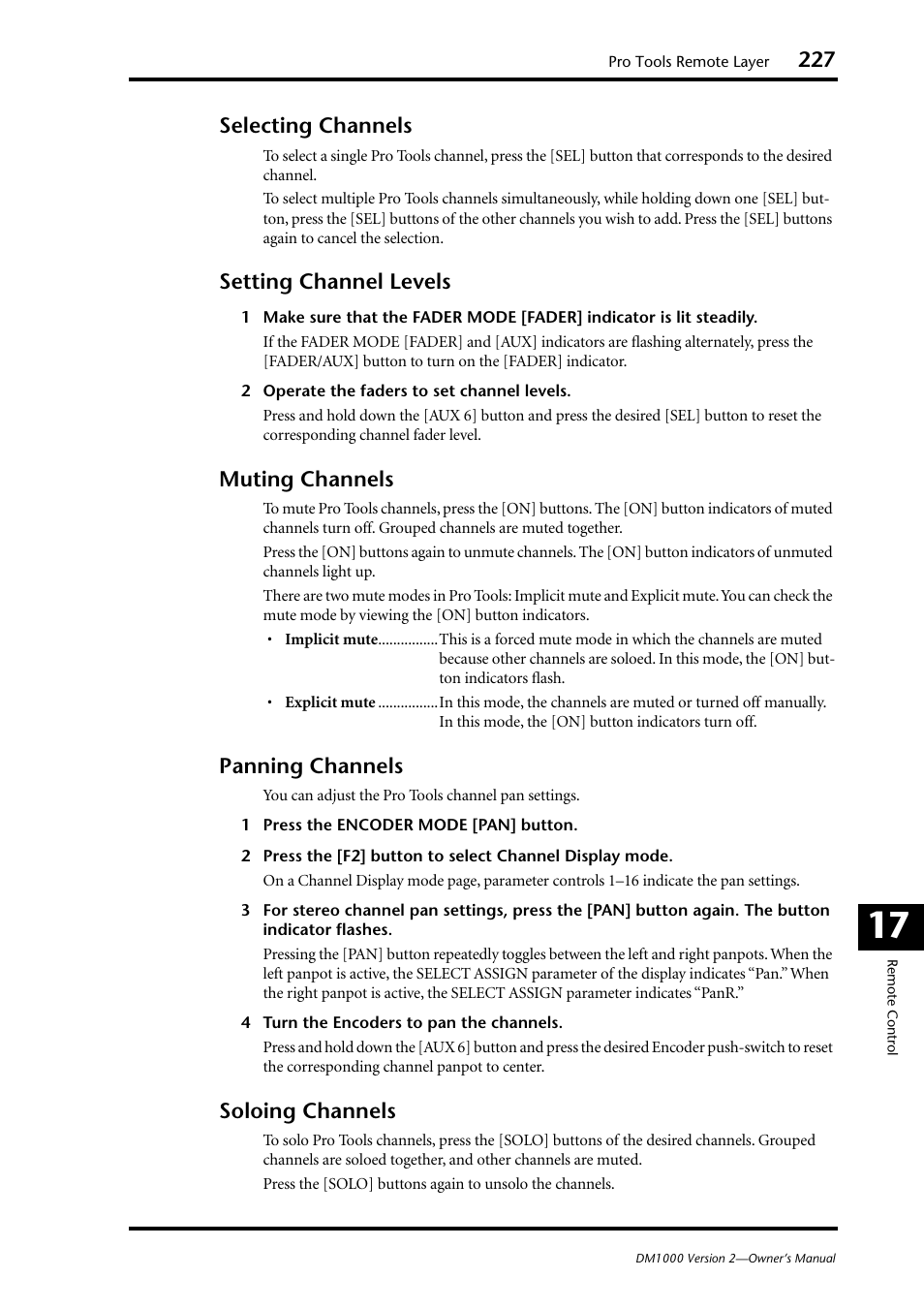 Selecting channels, Setting channel levels, Muting channels | Panning channels, Soloing channels | Yamaha 006IPTO-F0 User Manual | Page 227 / 388