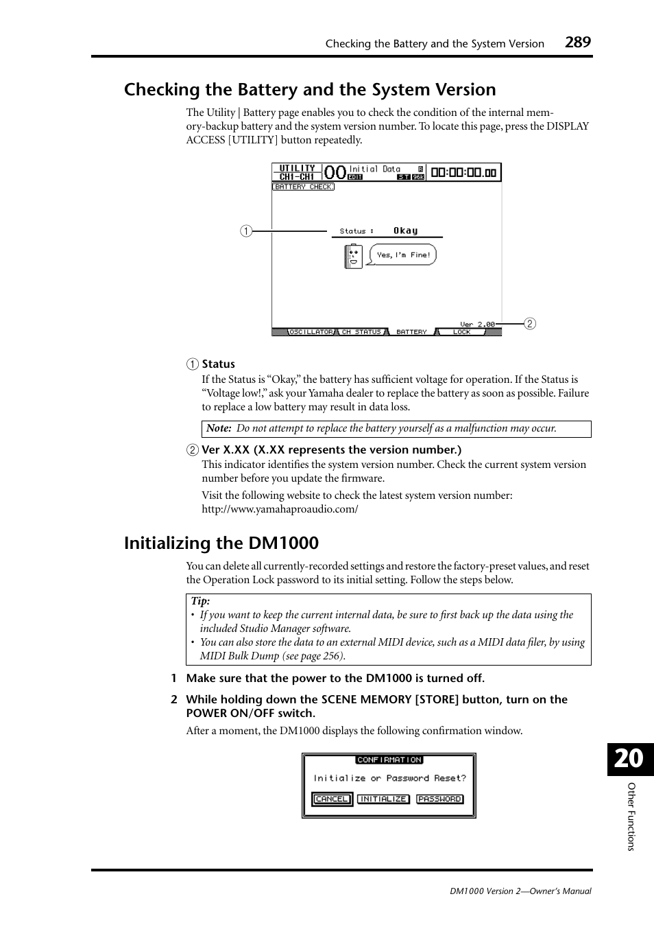 Checking the battery and the system version, Initializing the dm1000 | Yamaha 006IPTO-F0 User Manual | Page 289 / 388