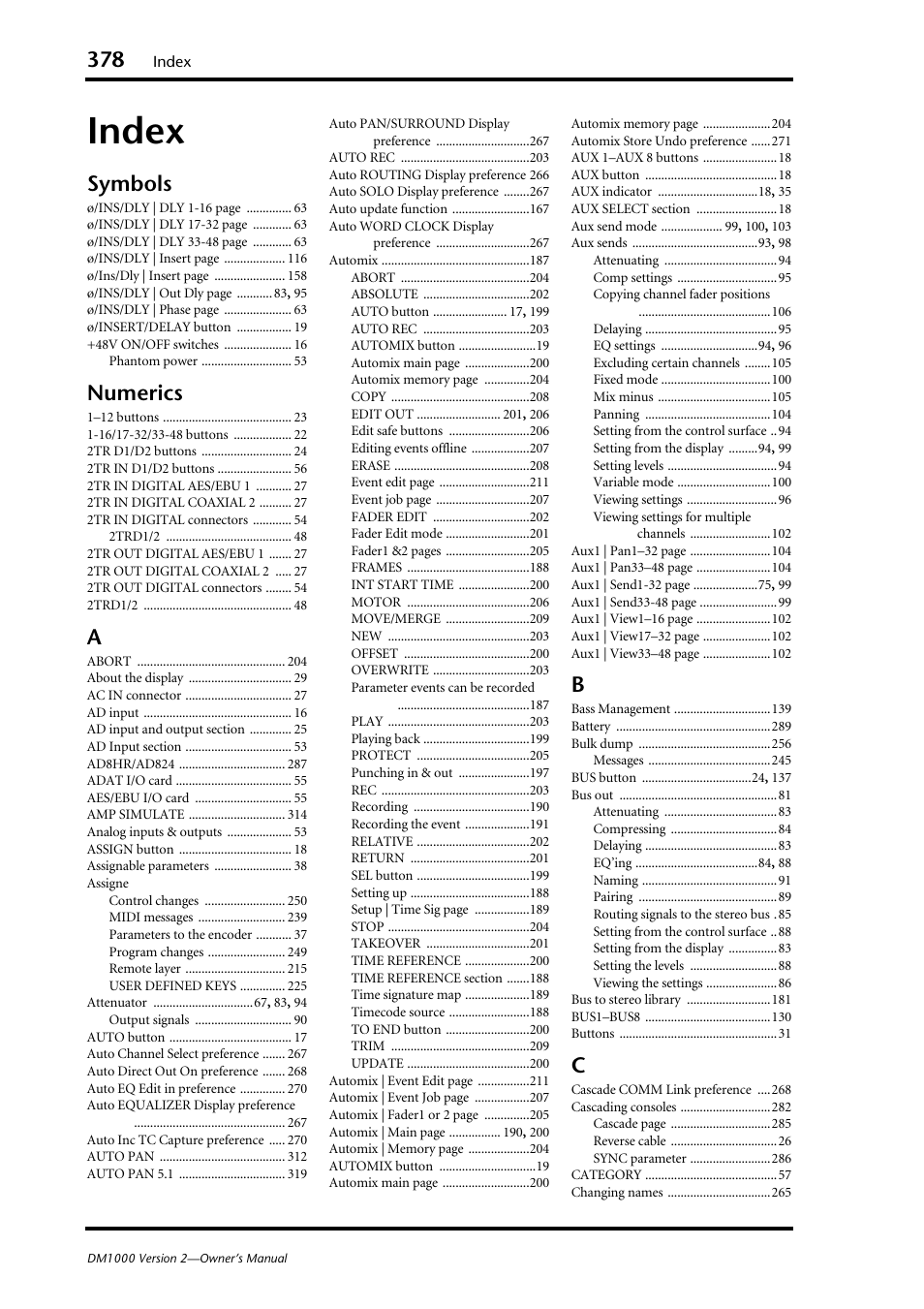 Index, Symbols, Numerics | Yamaha 006IPTO-F0 User Manual | Page 378 / 388