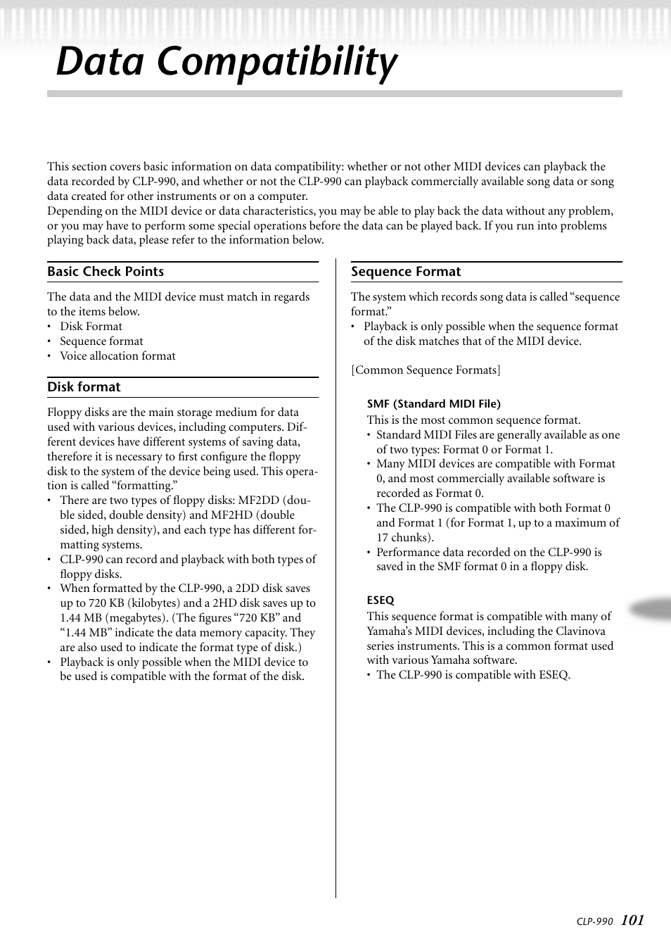 Data compatibility, Basic check points, Disk format | Sequence format | Yamaha CLP-990M  EN User Manual | Page 101 / 111