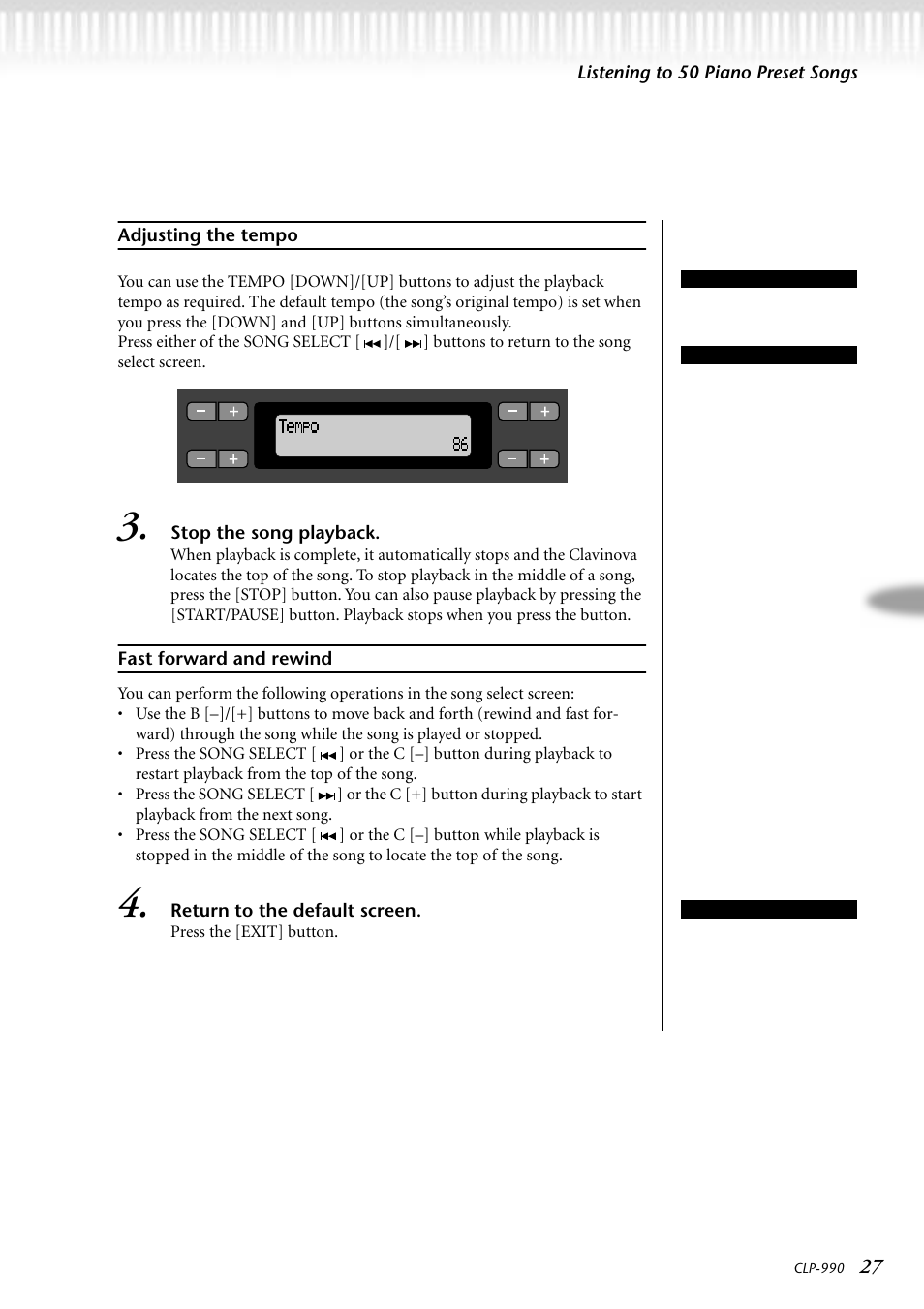 Adjusting the tempo, Fast forward and rewind | Yamaha CLP-990M  EN User Manual | Page 27 / 111