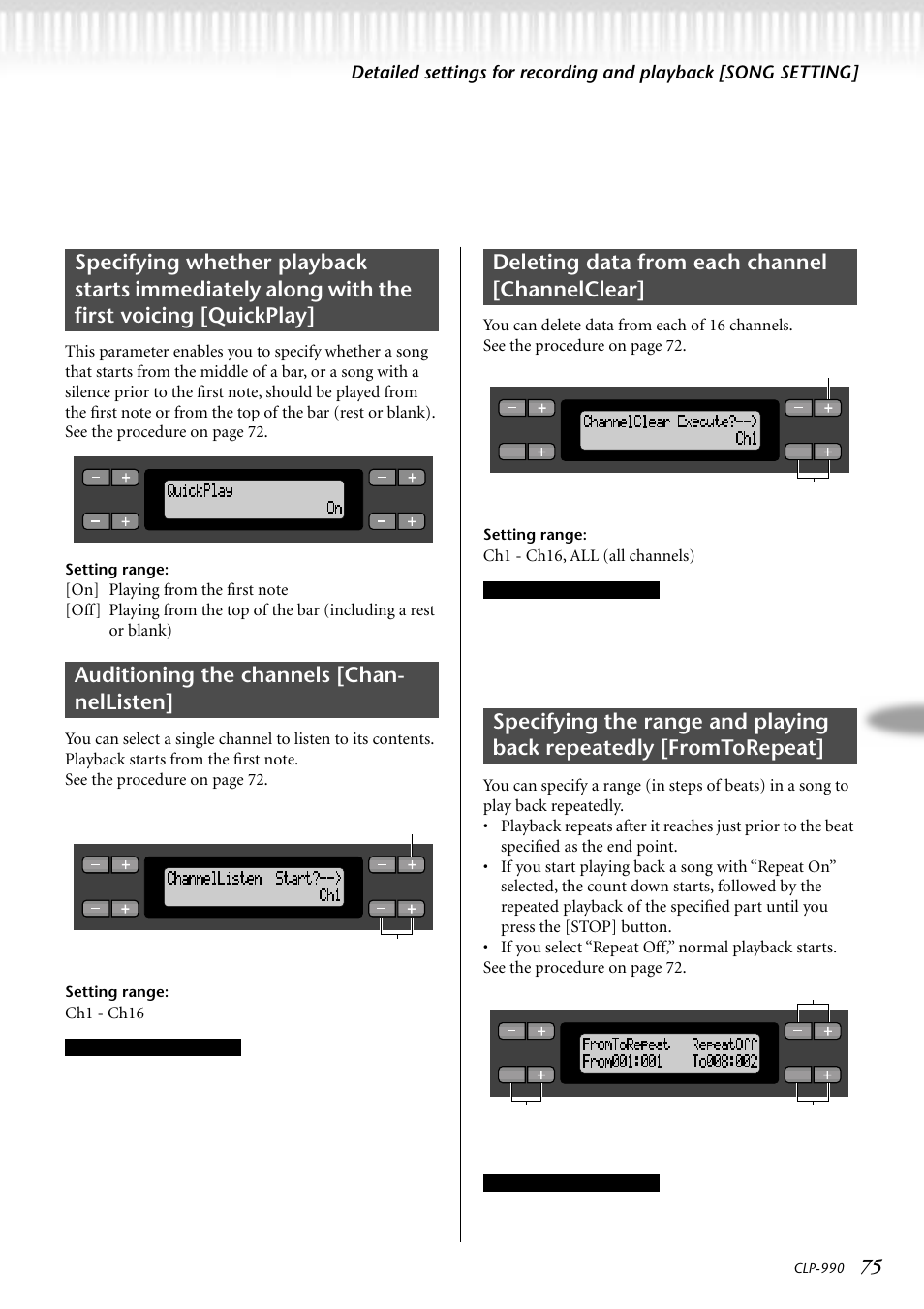 Auditioning the channels [channellisten, Deleting data from each channel [channelclear, Ch1 - ch16 | Ch1 - ch16, all (all channels) | Yamaha CLP-990M  EN User Manual | Page 75 / 111