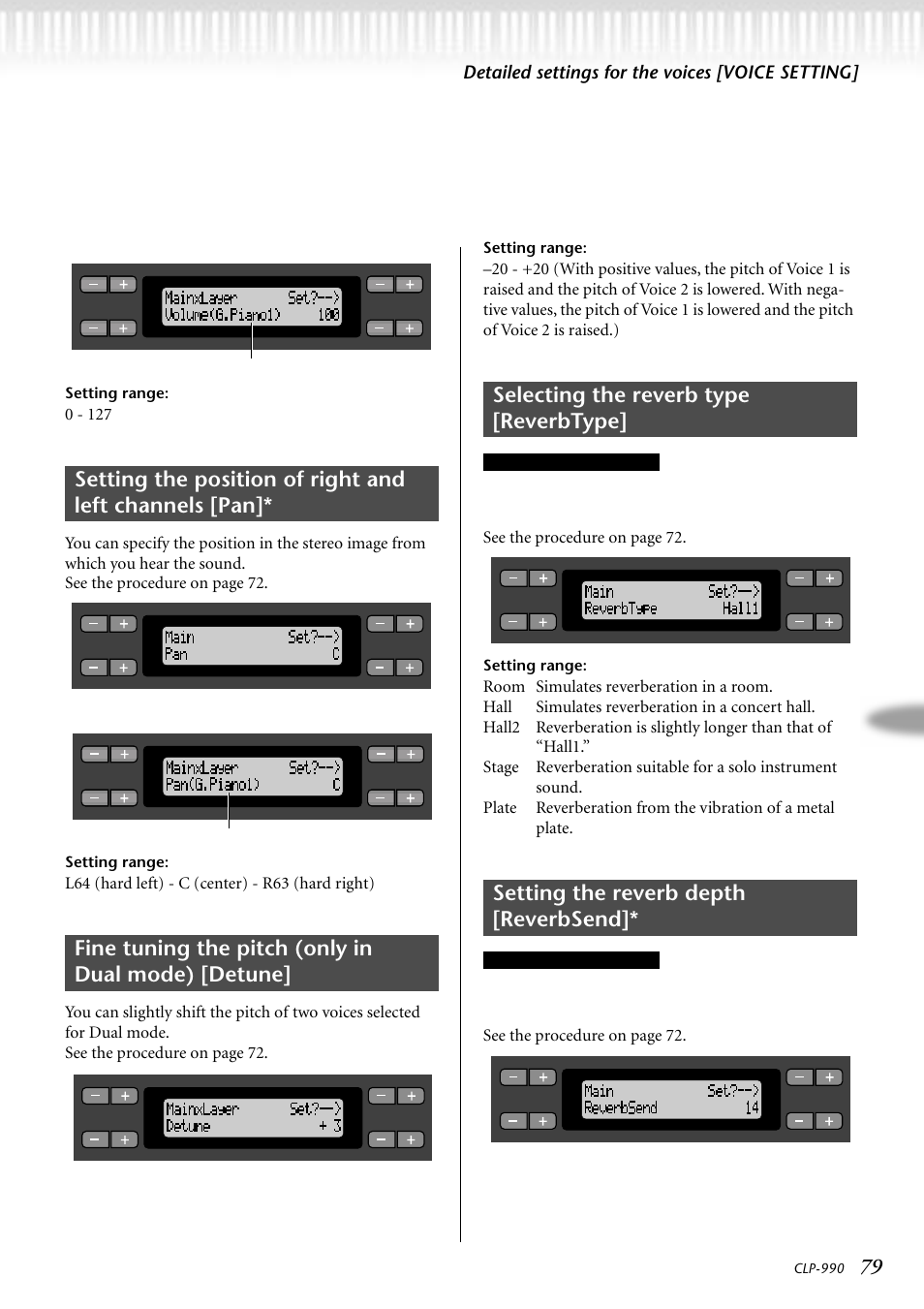 Fine tuning the pitch (only in dual mode) [detune, Selecting the reverb type [reverbtype, Setting the reverb depth [reverbsend | Detailed settings for the voices [voice setting, See the procedur e on page 72, Setting range | Yamaha CLP-990M  EN User Manual | Page 79 / 111