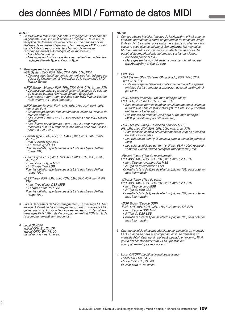 Des données midi / formato de datos midi | Yamaha MM8  EU User Manual | Page 109 / 116