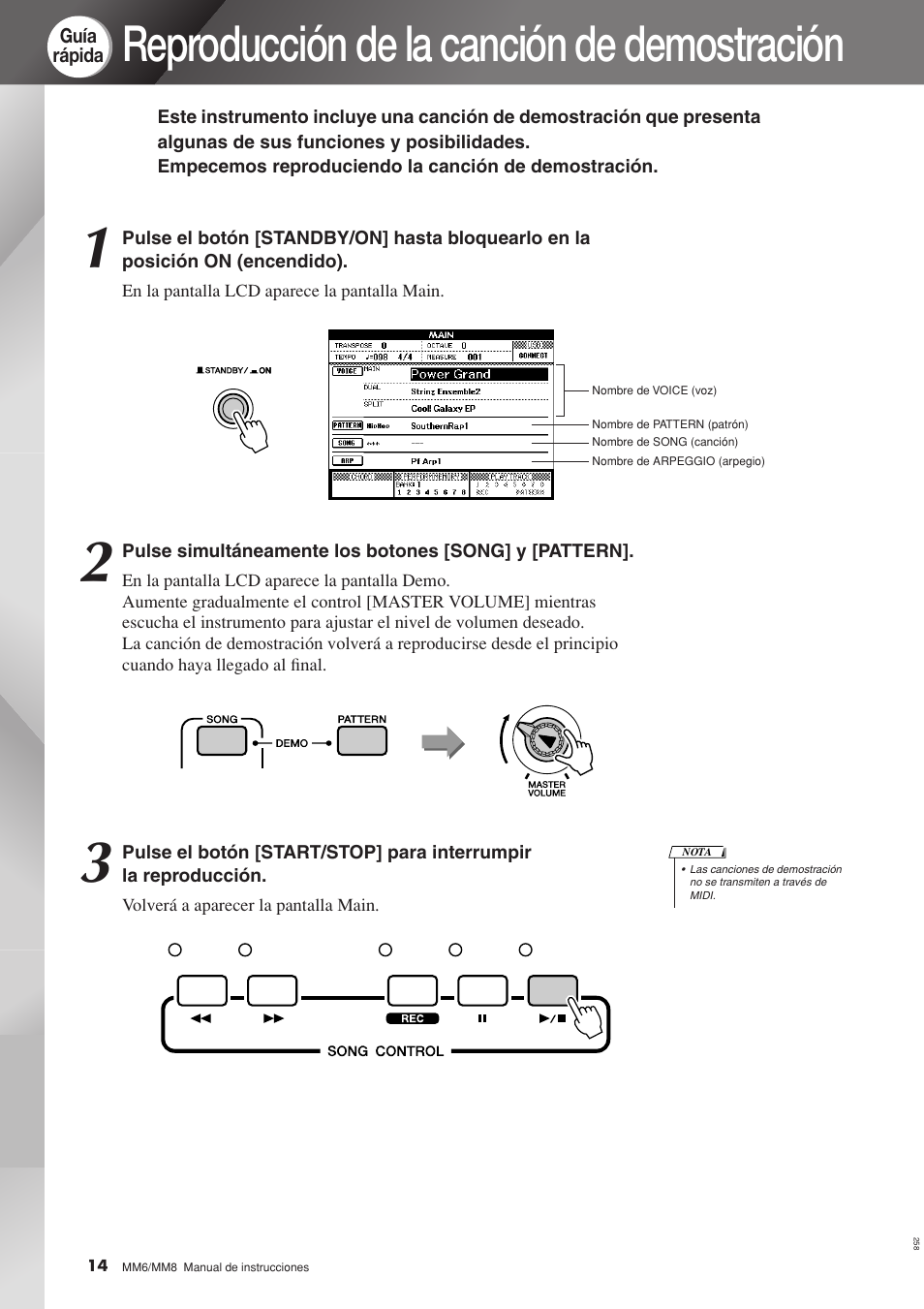 Guía rápida, Reproducción de la canción de demostración | Yamaha MM8  EU User Manual | Page 14 / 116