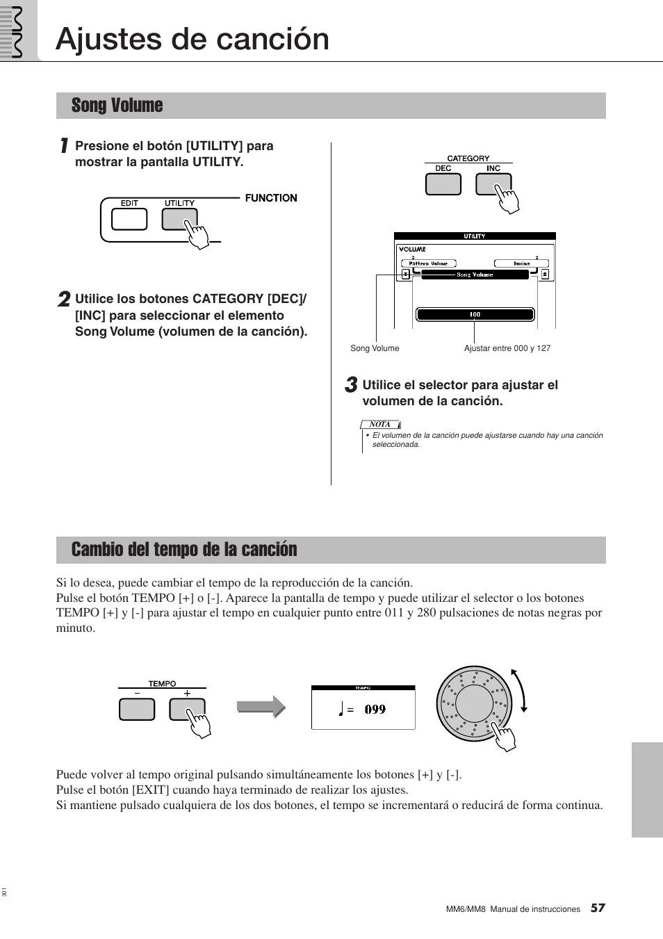 Ajustes de canción, Song volume, Cambio del tempo de la canción | Song volume cambio del tempo de la canción | Yamaha MM8  EU User Manual | Page 57 / 116