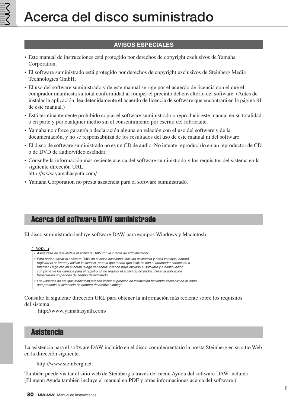 Acerca del disco suministrado, Acerca del software daw suministrado, Asistencia | Acerca del software daw suministrado asistencia | Yamaha MM8  EU User Manual | Page 80 / 116