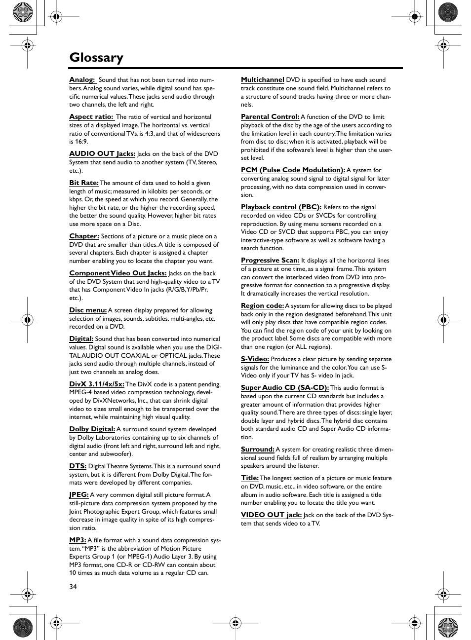 Glossary | Yamaha DVD-C750 User Manual | Page 38 / 40