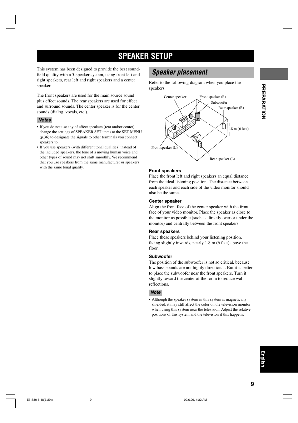 Speaker setup, Speaker placement | Yamaha AVX-S80 User Manual | Page 13 / 55