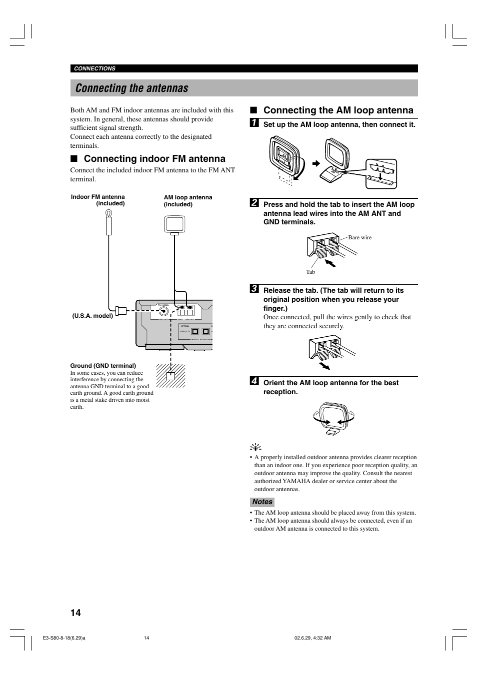 Connecting the antennas, Connecting indoor fm antenna, Connecting the am loop antenna | Yamaha AVX-S80 User Manual | Page 18 / 55