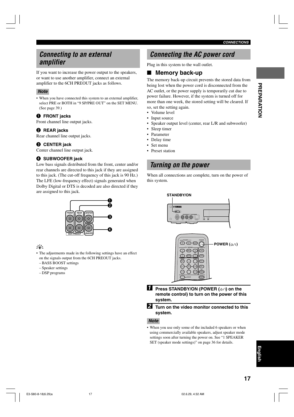 Connecting to an external amplifier, Connecting the ac power cord, Turning on the power | Prep ara t ion | Yamaha AVX-S80 User Manual | Page 21 / 55