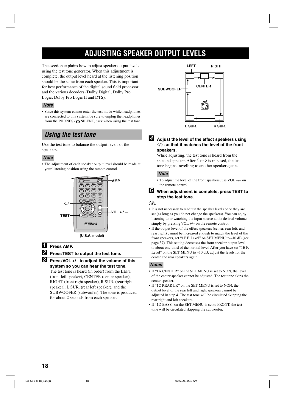 Adjusting speaker output levels, Using the test tone, Press amp | Press test to output the test tone | Yamaha AVX-S80 User Manual | Page 22 / 55
