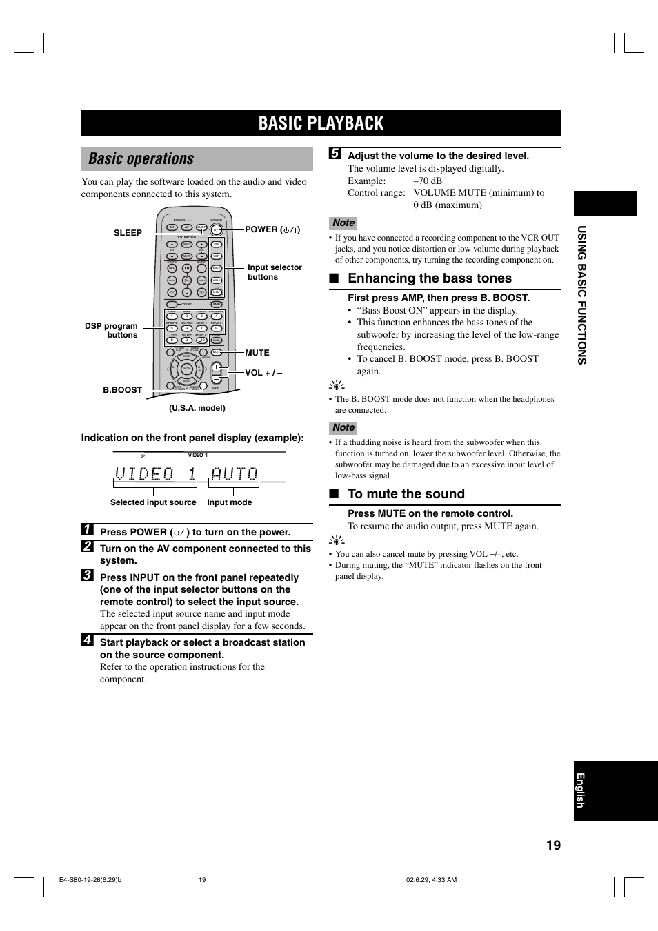 Using basic functions, Basic playback, Basic operations | Enhancing the bass tones, Using b asic functions, English, Press power ( ) to turn on the power, Turn on the av component connected to this system | Yamaha AVX-S80 User Manual | Page 23 / 55