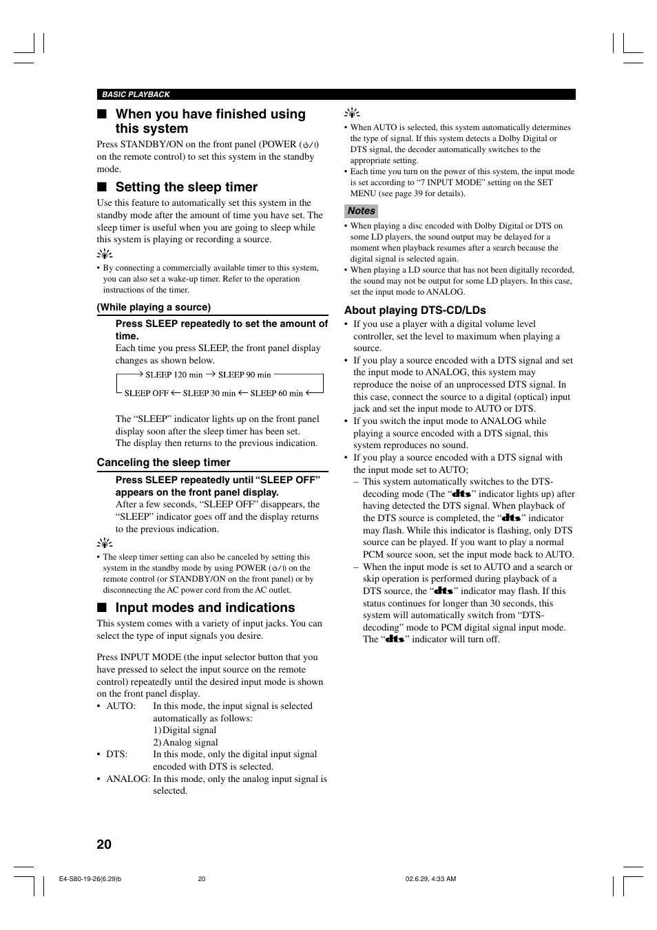 When you have finished using this system, Setting the sleep timer, Input modes and indications | Yamaha AVX-S80 User Manual | Page 24 / 55