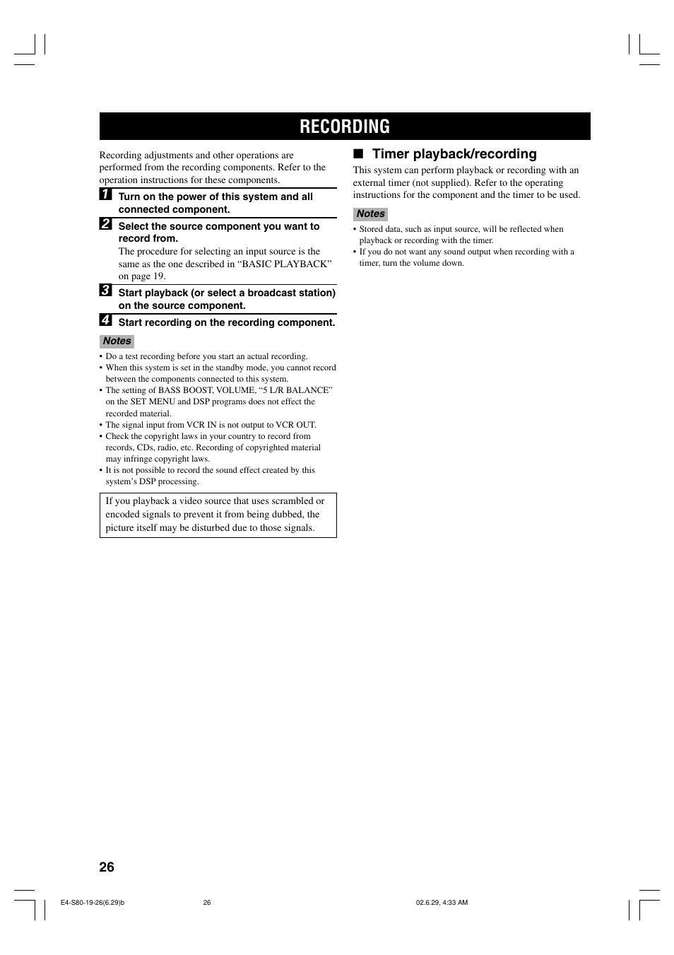 Recording, Timer playback/recording | Yamaha AVX-S80 User Manual | Page 30 / 55