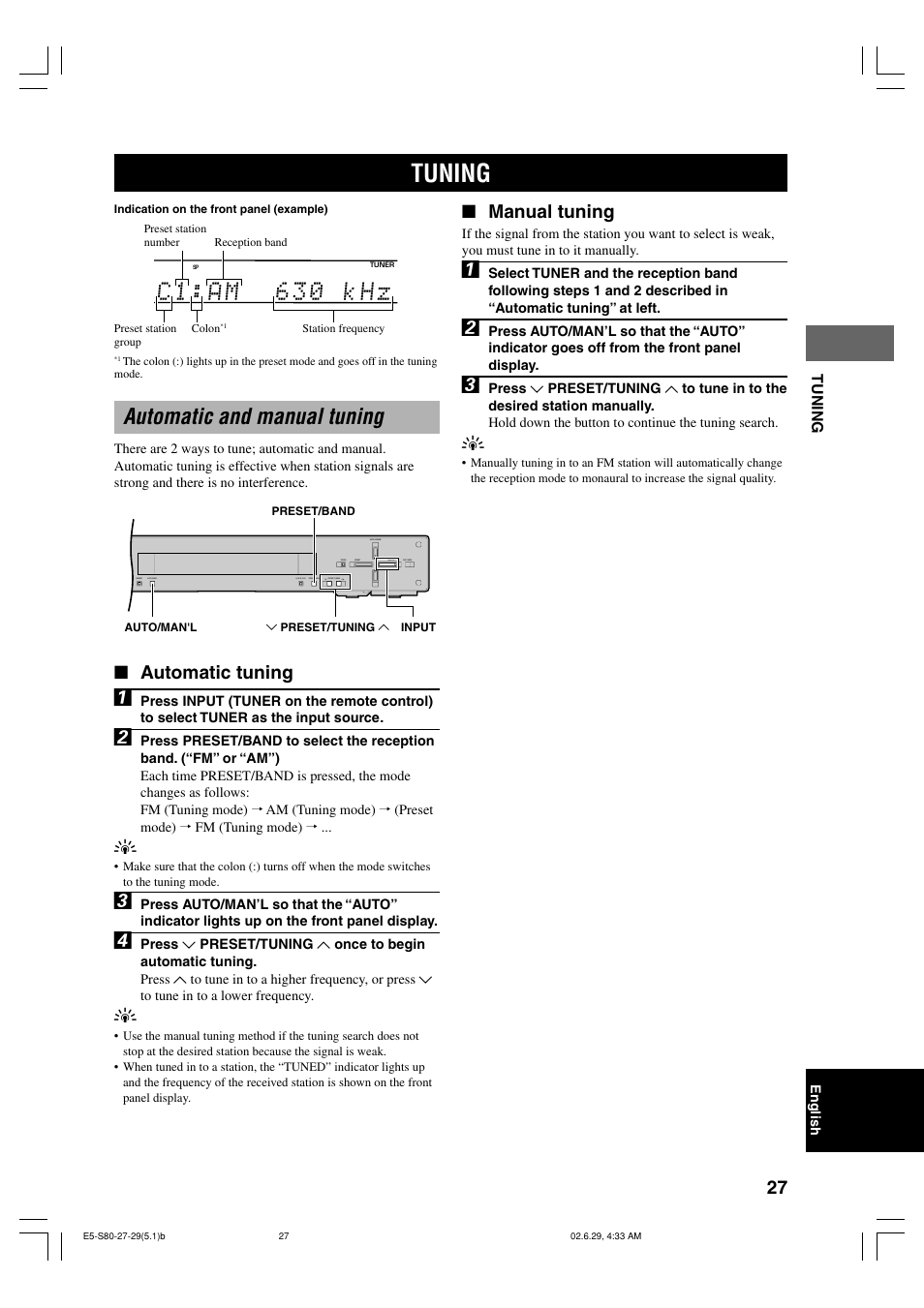 Tuning, Automatic and manual tuning, C 1 : a m 6 3 0 k h z | Automatic tuning, Manual tuning | Yamaha AVX-S80 User Manual | Page 31 / 55