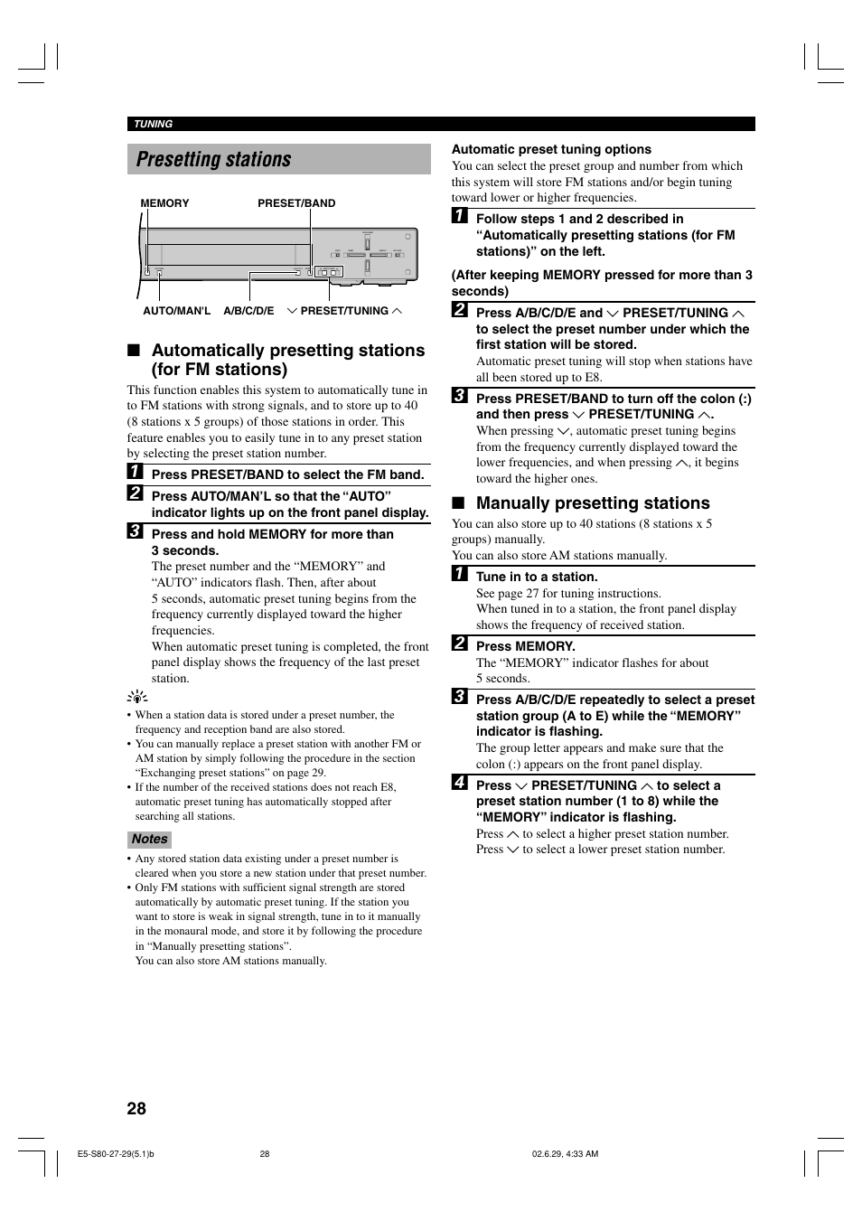 Presetting stations, Manually presetting stations | Yamaha AVX-S80 User Manual | Page 32 / 55