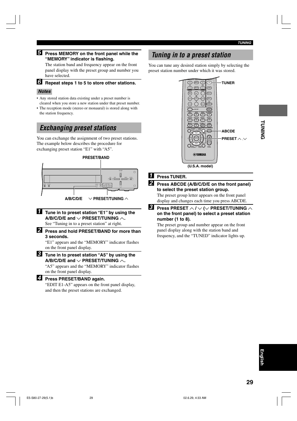 Exchanging preset stations, Tuning in to a preset station, Tuning | English, Press tuner, Preset/band a/b/c/d/e d preset/tuning u | Yamaha AVX-S80 User Manual | Page 33 / 55