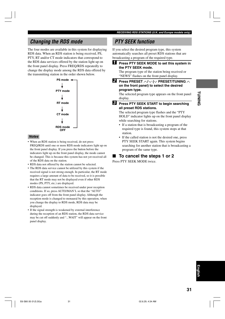 Changing the rds mode, Pty seek function | Yamaha AVX-S80 User Manual | Page 35 / 55