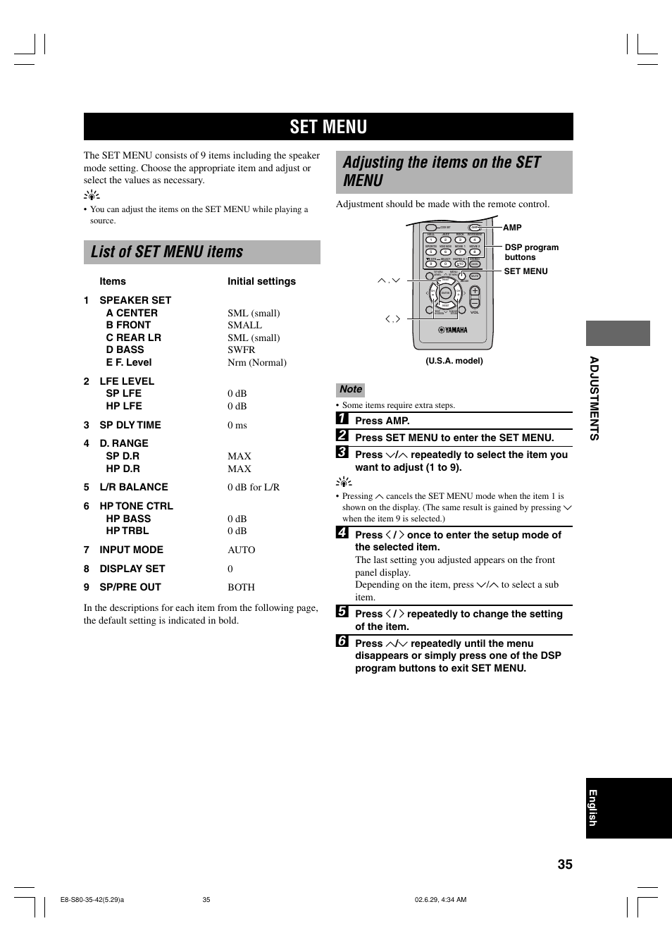 Adjustments, Set menu, List of set menu items | Adjusting the items on the set menu | Yamaha AVX-S80 User Manual | Page 39 / 55