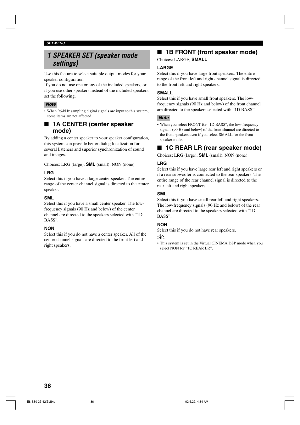 1 speaker set (speaker mode settings), 1a center (center speaker mode), 1b front (front speaker mode) | 1c rear lr (rear speaker mode) | Yamaha AVX-S80 User Manual | Page 40 / 55