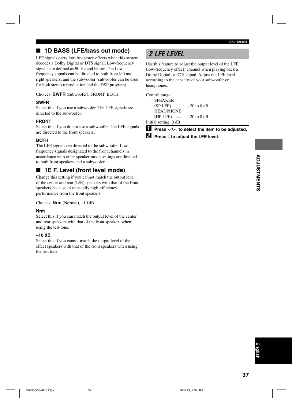 2 lfe level, 1d bass (lfe/bass out mode), 1e f. level (front level mode) | Yamaha AVX-S80 User Manual | Page 41 / 55