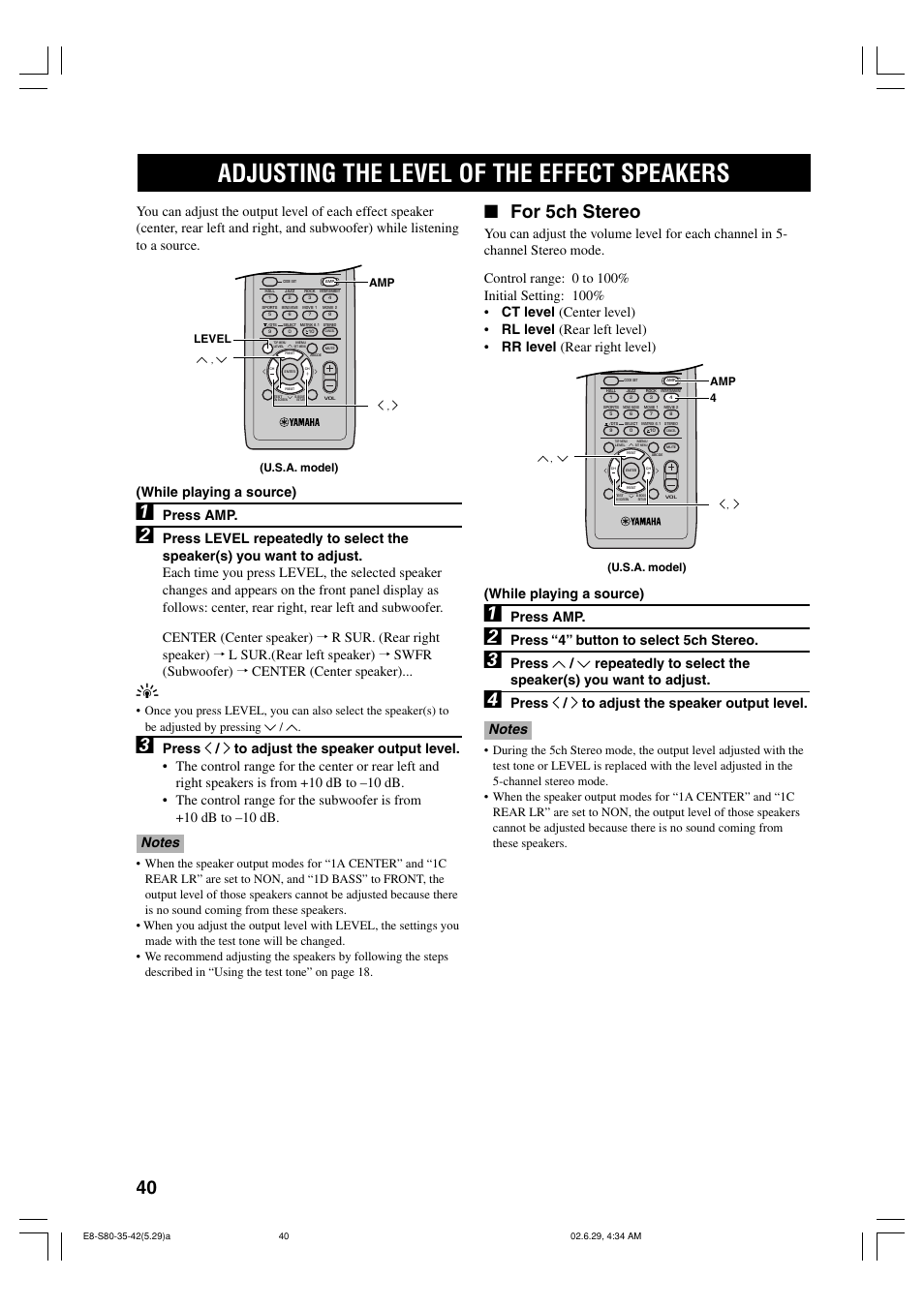 Adjusting the level of the effect speakers, For 5ch stereo, Press amp | Press “4” button to select 5ch stereo | Yamaha AVX-S80 User Manual | Page 44 / 55