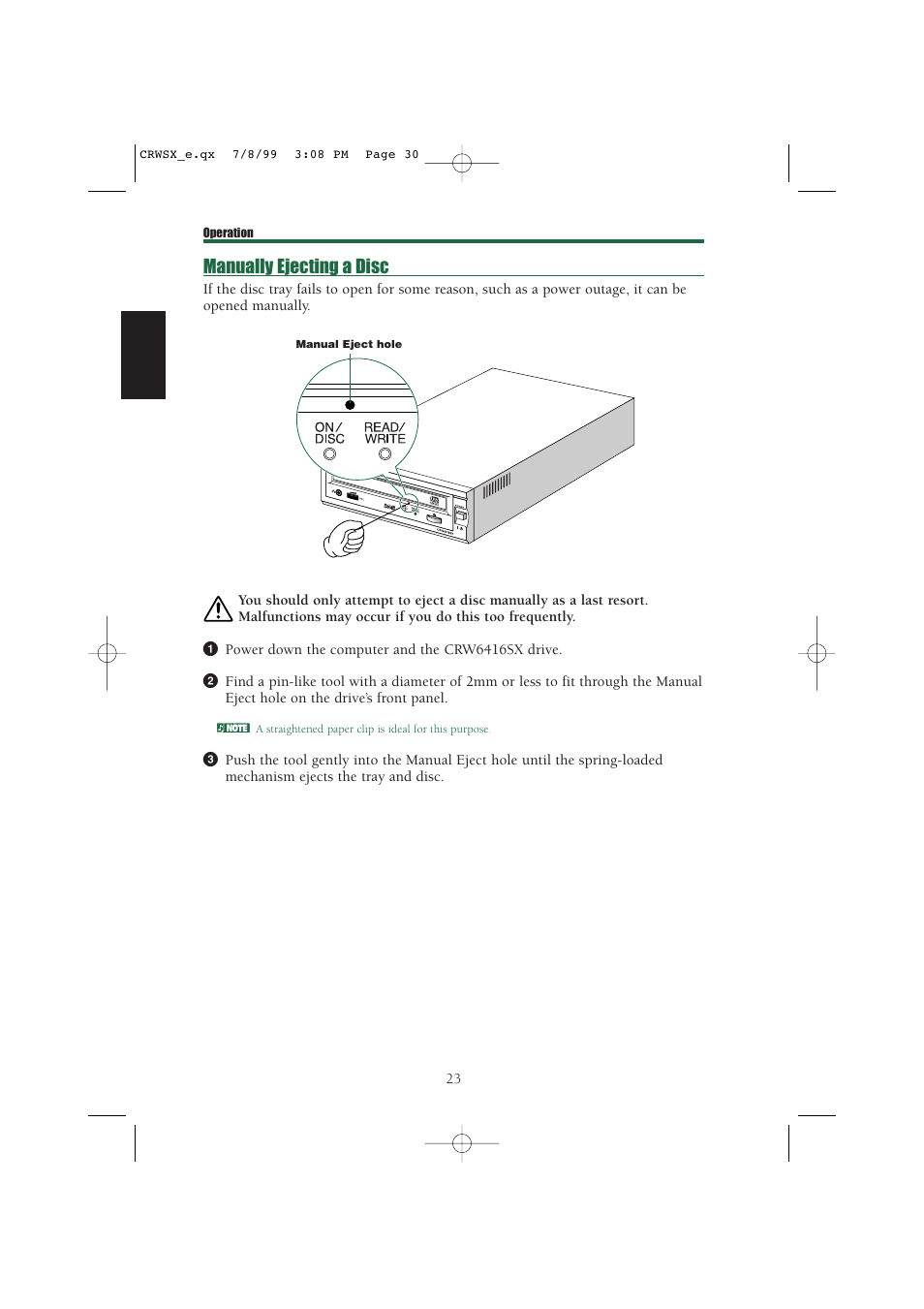 Manually ejecting a disc | Yamaha CD-R/RW Drive CRW6416SX User Manual | Page 30 / 42