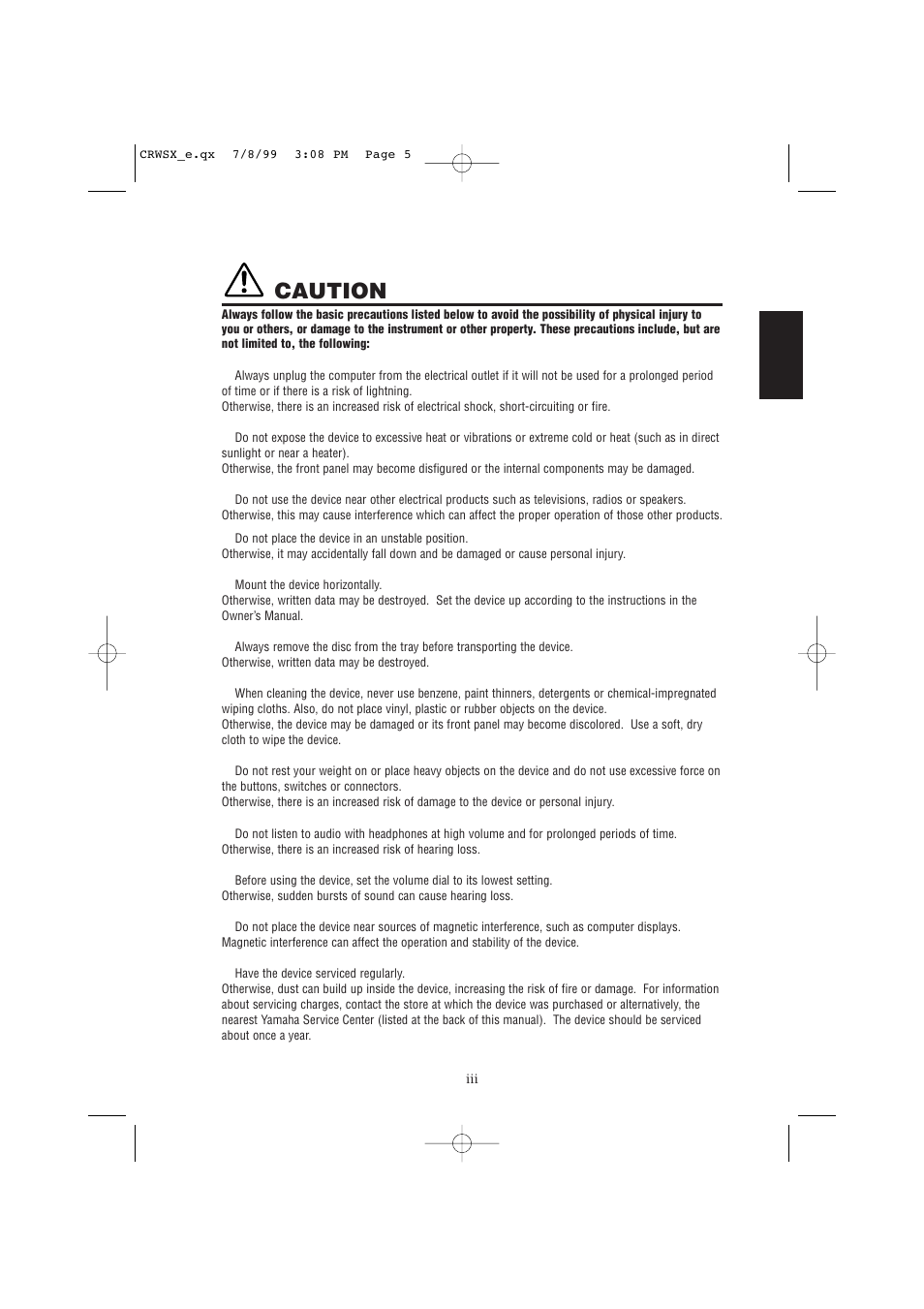 Caution | Yamaha CD-R/RW Drive CRW6416SX User Manual | Page 5 / 42