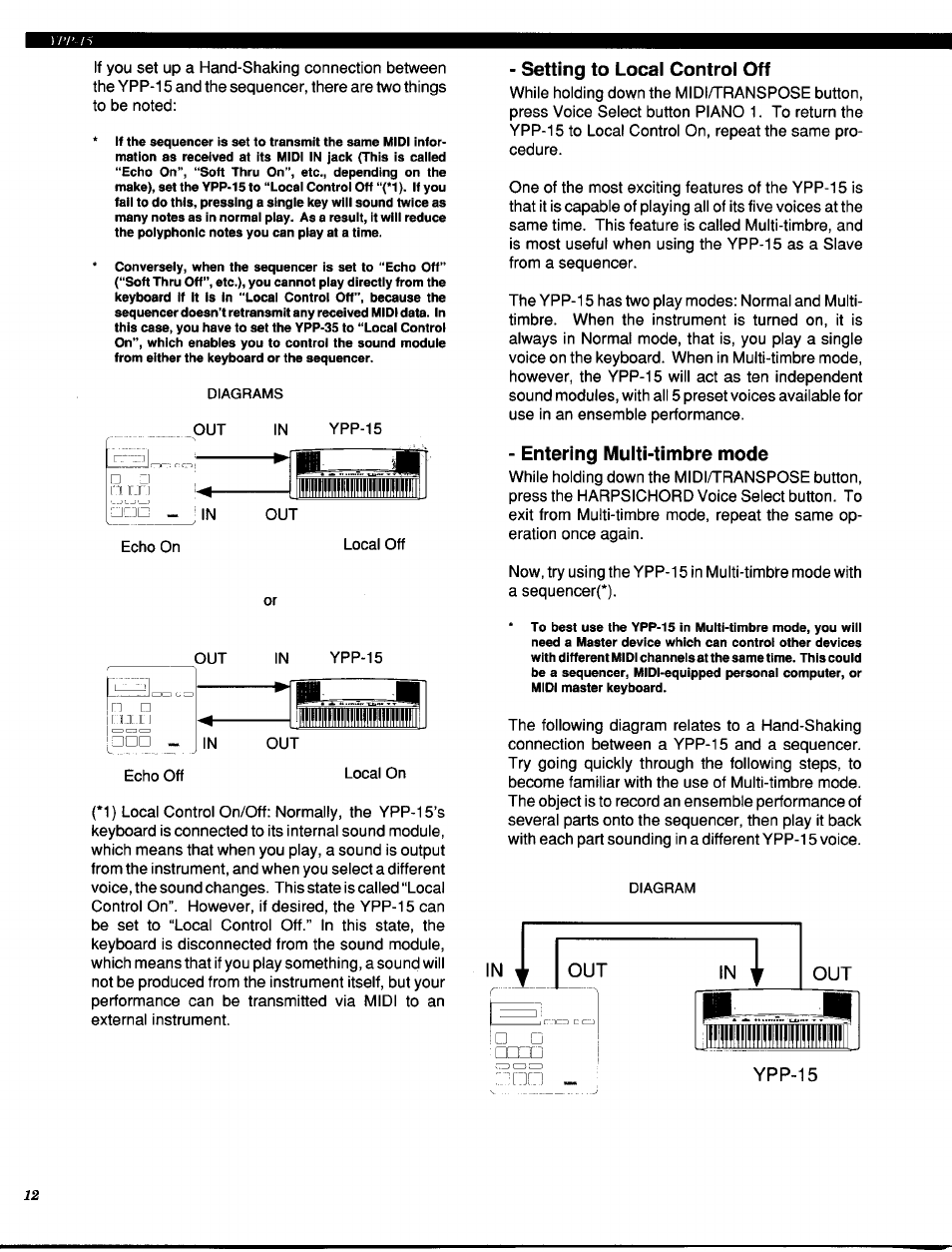 Setting to local control off, Entering multi-timbre mode, Out in 1 out | Ypp-15 | Yamaha Personal Electronic Piano YPP-15 User Manual | Page 14 / 20