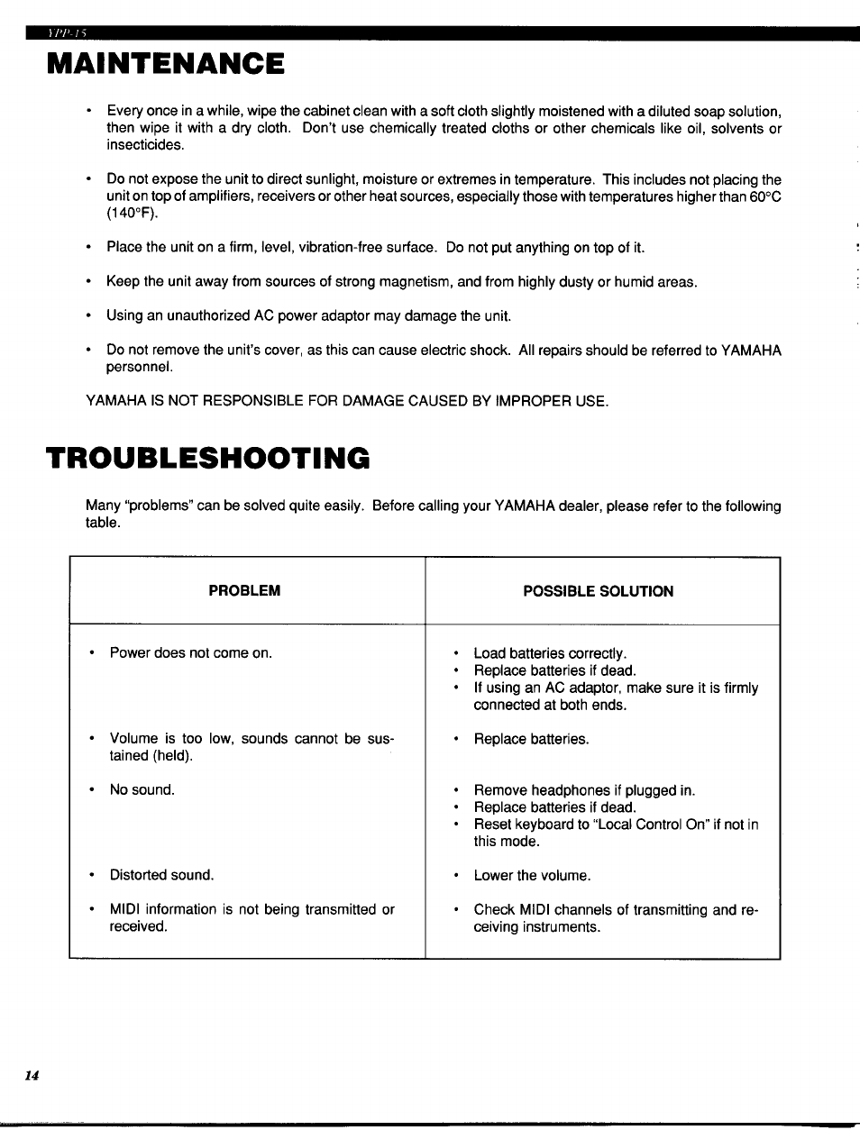 Maintenance, Troubleshooting | Yamaha Personal Electronic Piano YPP-15 User Manual | Page 16 / 20