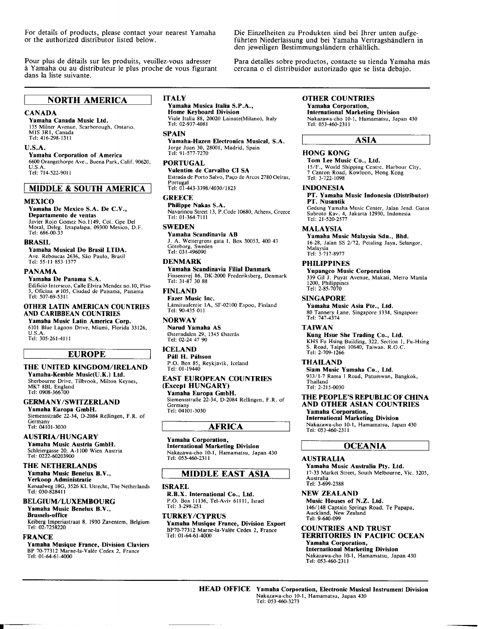 Middle & south america | Yamaha Personal Electronic Piano YPP-15 User Manual | Page 19 / 20