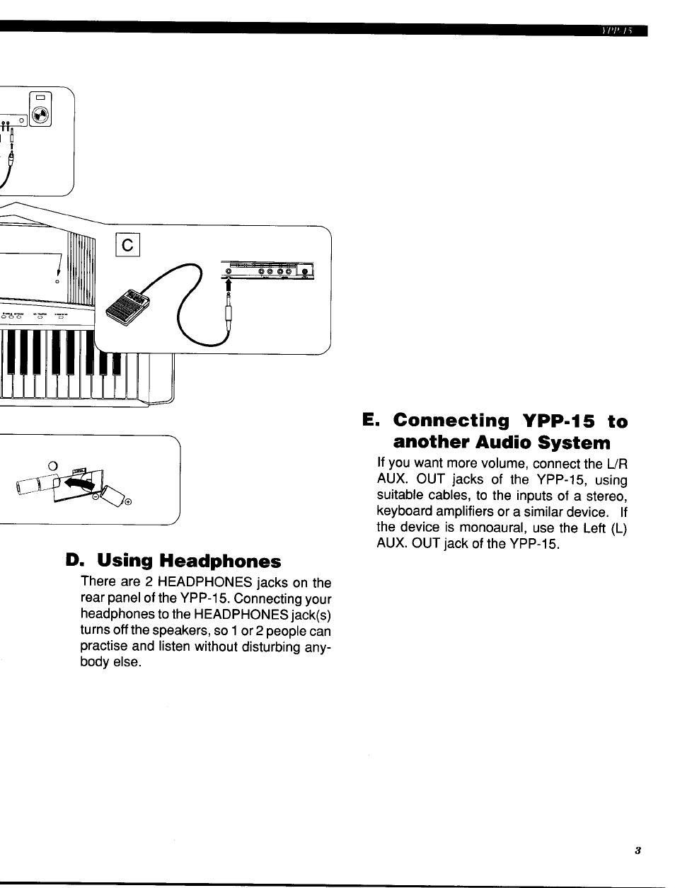 D. using headphones, E. connecting ypp-15 to another audio system | Yamaha Personal Electronic Piano YPP-15 User Manual | Page 5 / 20