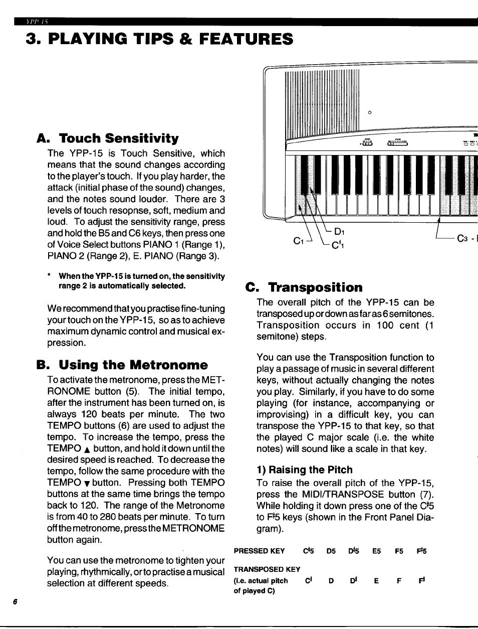 1) raising the pitch, Playing tips & features, A. touch sensitivity | B. using the metronome, C. tvansposition | Yamaha Personal Electronic Piano YPP-15 User Manual | Page 8 / 20