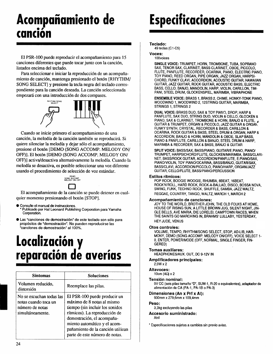 Acompañamiento de canción, Localización y reparación de averías, Especificaciones | Teclado, Voces, Estilos ritmicos, Acompañamiento de canciones, Otos controles, Tomas auxiliares, Amplificadores principales | Yamaha Portatone PSR-100 User Manual | Page 8 / 12