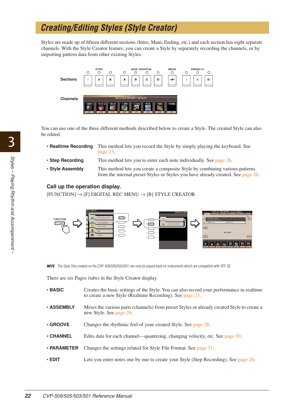 Creating/editing styles (style creator) | Yamaha CLAVINOVA CVP-509 User Manual | Page 22 / 104
