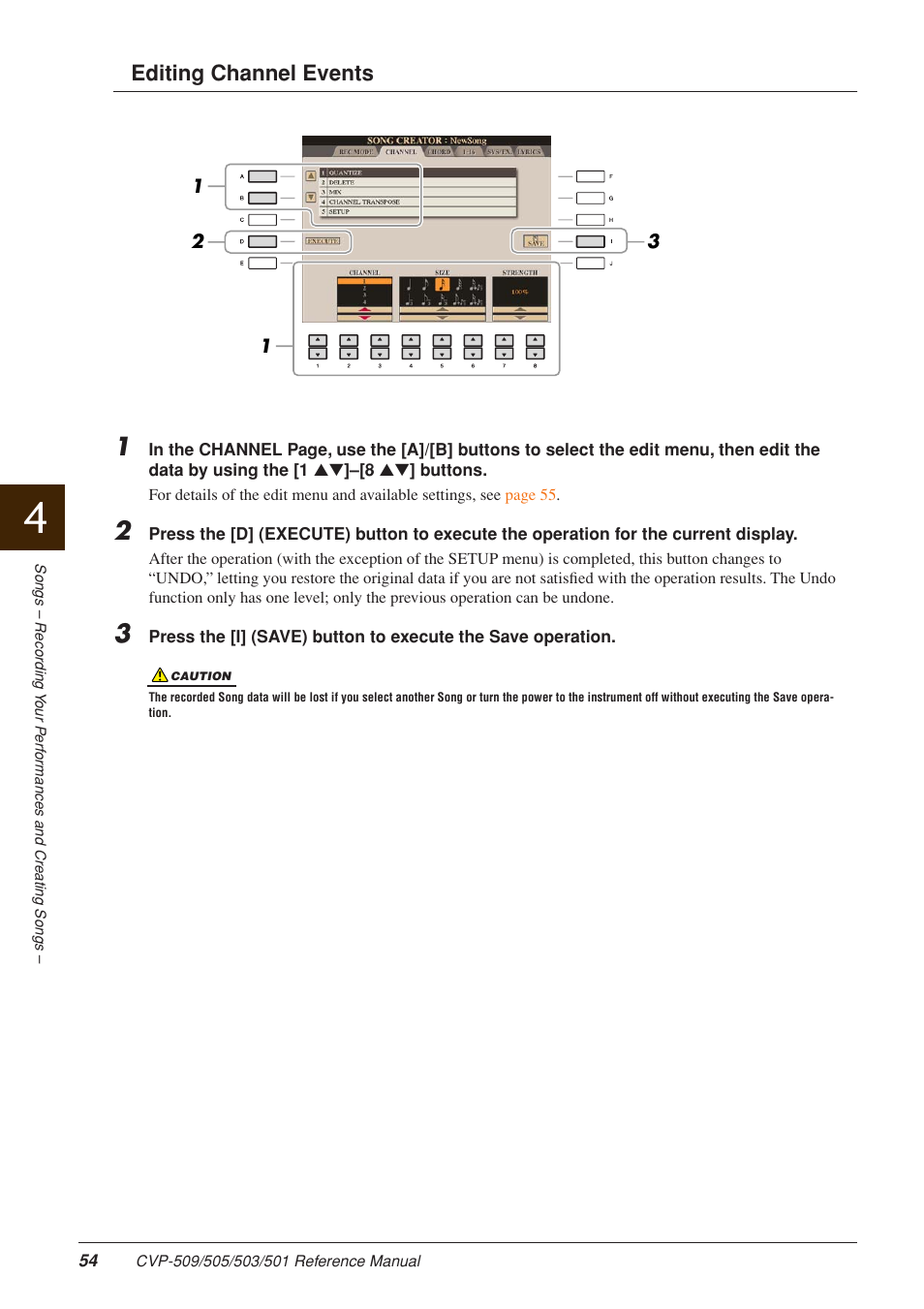 Editing channel events, Ents. see | Yamaha CLAVINOVA CVP-509 User Manual | Page 54 / 104