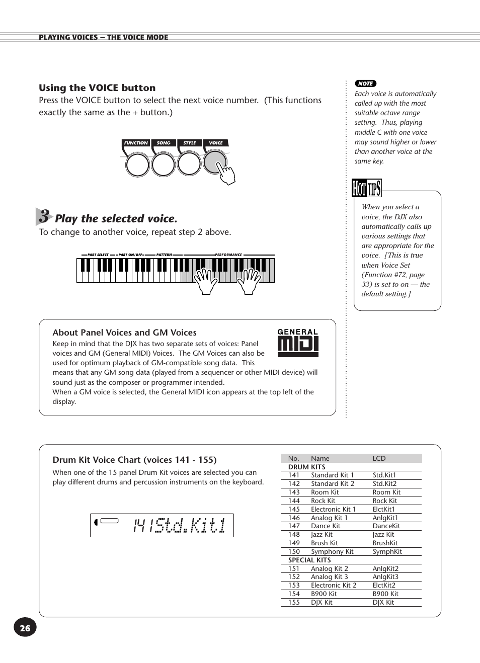 About panel voices and gm voices, Drum kit voice chart (voices 141 - 155), About panel voices and | Gm voices, Drum kit voice chart, Voices 141 - 155), Std.kit1, Play the selected voice, Using the voice button | Yamaha DJX User Manual | Page 26 / 120