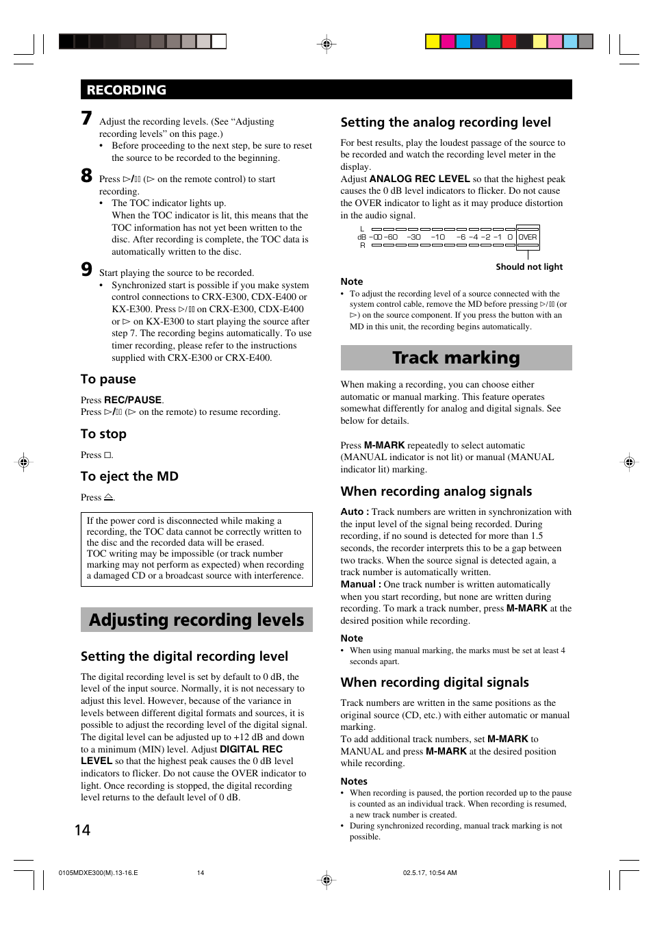 Adjusting recording levels, Track marking, Setting the digital recording level | Setting the analog recording level, When recording analog signals, When recording digital signals, Recording | Yamaha MDX-E300 User Manual | Page 16 / 28