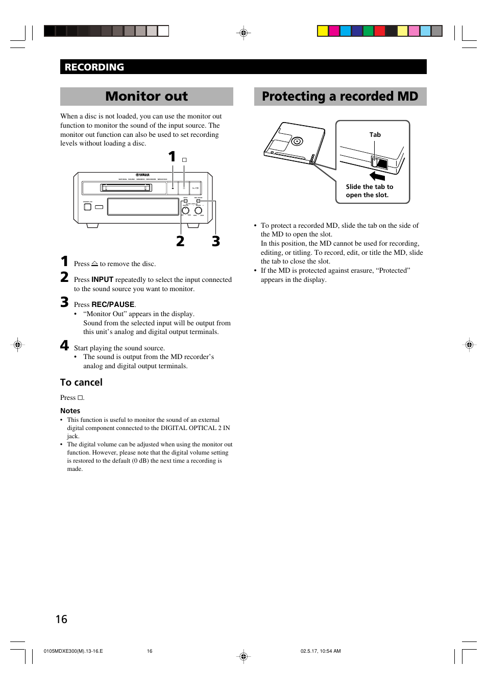 Monitor out, Protecting a recorded md, Recording | Yamaha MDX-E300 User Manual | Page 18 / 28