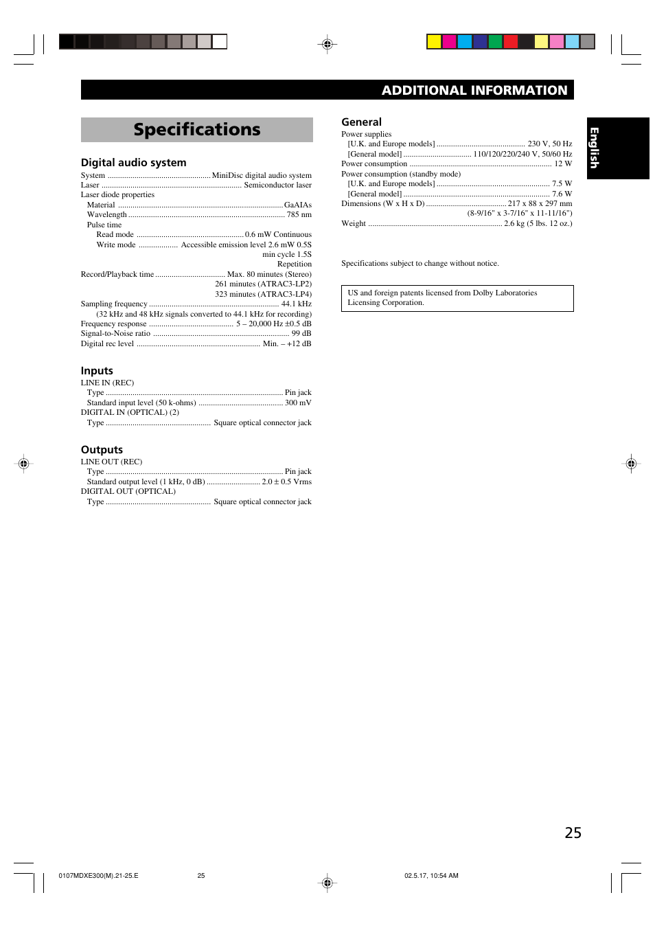 Specifications, Additional information | Yamaha MDX-E300 User Manual | Page 27 / 28