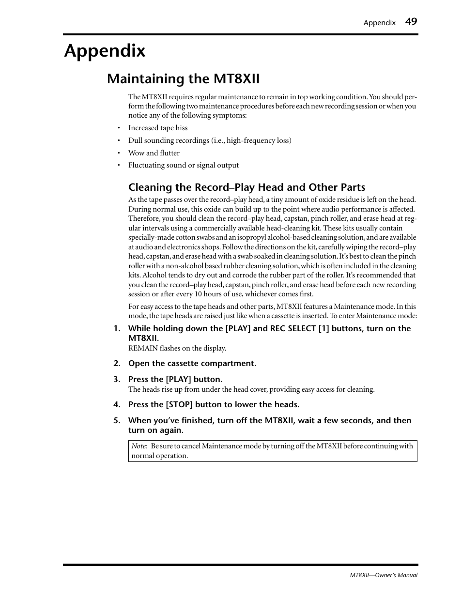 Appendix, Maintaining the mt8xii | Yamaha MT8XII User Manual | Page 56 / 65