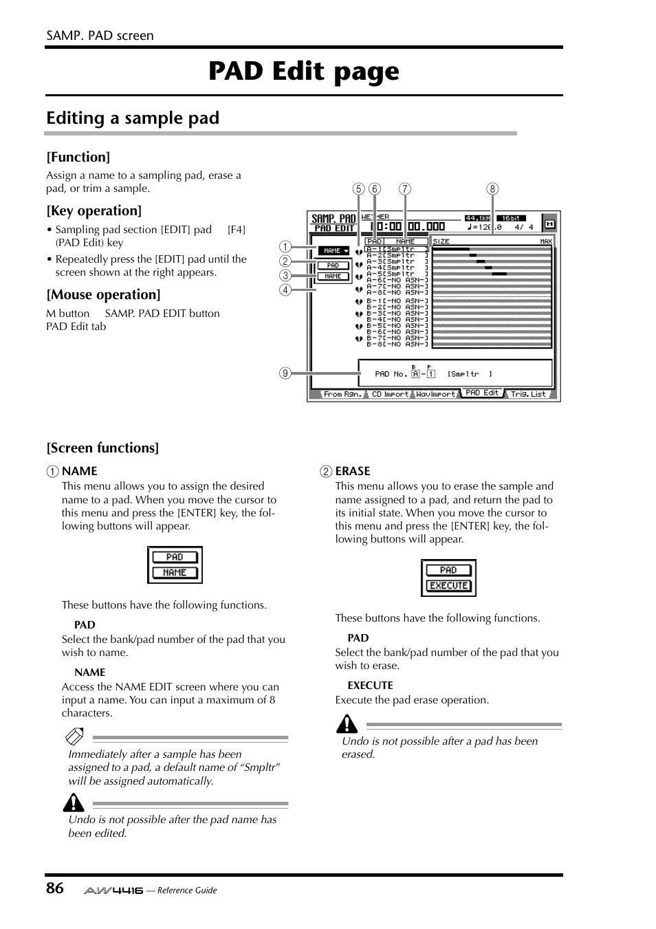 Editing a sample pad, Pad edit page | Yamaha Professional Audio Workstation AW4416 User Manual | Page 374 / 507